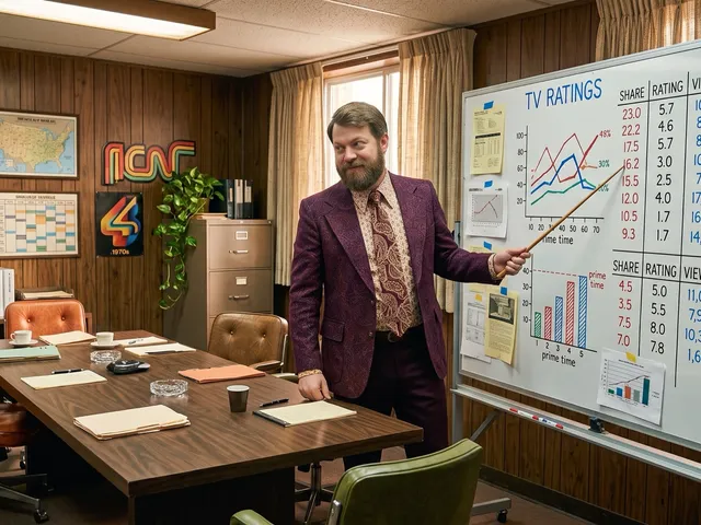 An executive pointing at a whiteboard of TV ratings, shares and viewer counts